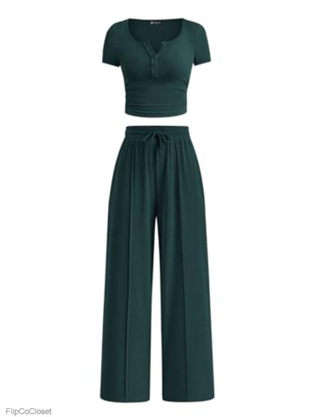 PRETTYGARDEN 2 Piece Ribbed Knit Crop Top Wide Leg Pants Set